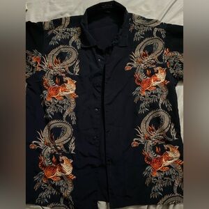 dragon and tiger print navy blue polyester button up
